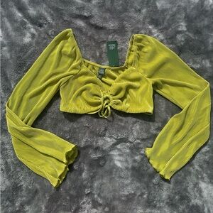 Wild Fable Ribbed Cropped Blouse with Ruffle Sleeves (Chartreuse-Inspired) 💚